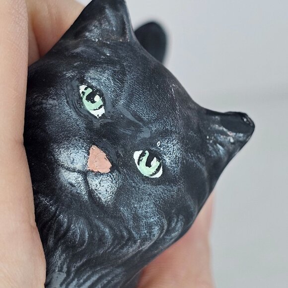 Vintage Black Cat Figurine Signed Cindy Hand Painted Green Eyes *Flaws* - Picture 8 of 10